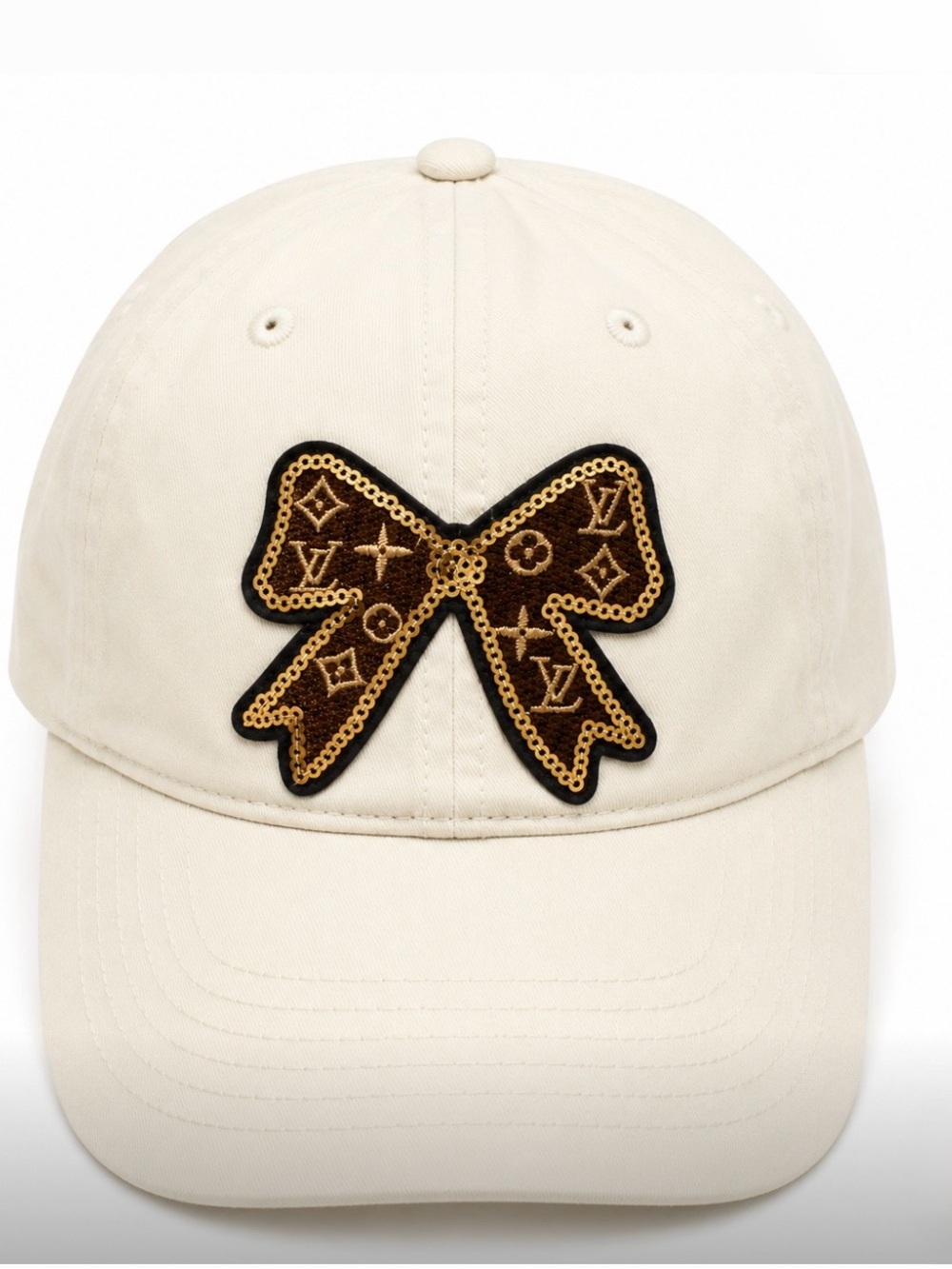 Inspired Cream Baseball Cap with Brown Monogram Bow Patch